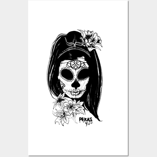 Princess catrina in black and white with flowers and text with a gloomy effect. Gloomy skulls. Wall Art by Rebeldía Pura